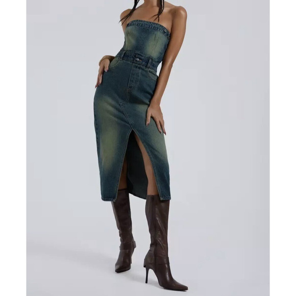 NWT Jaded London Denim Strapless Midi Dress 2 In 1 Zip Off Bandeau Corset Size 0 - Picture 1 of 16